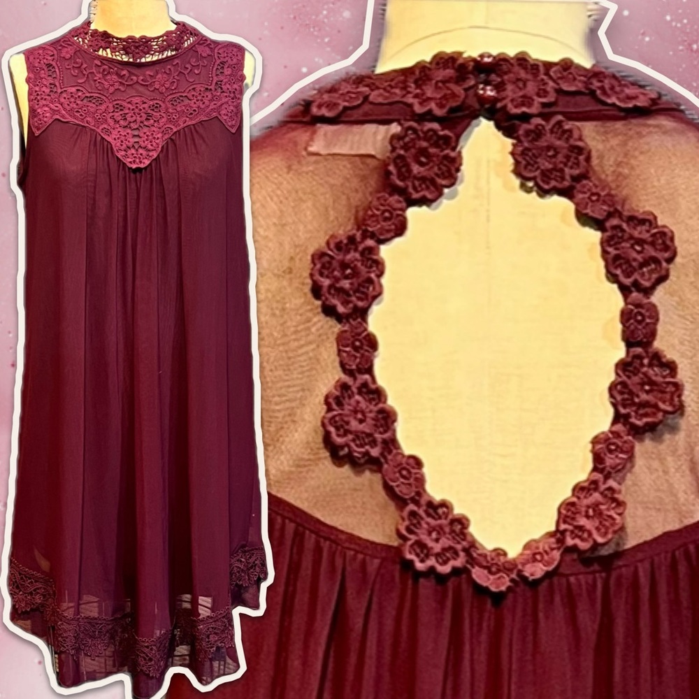 Rose crochet‎ lace midi dress swing a-line sheer flowy cranberry merlot y2k